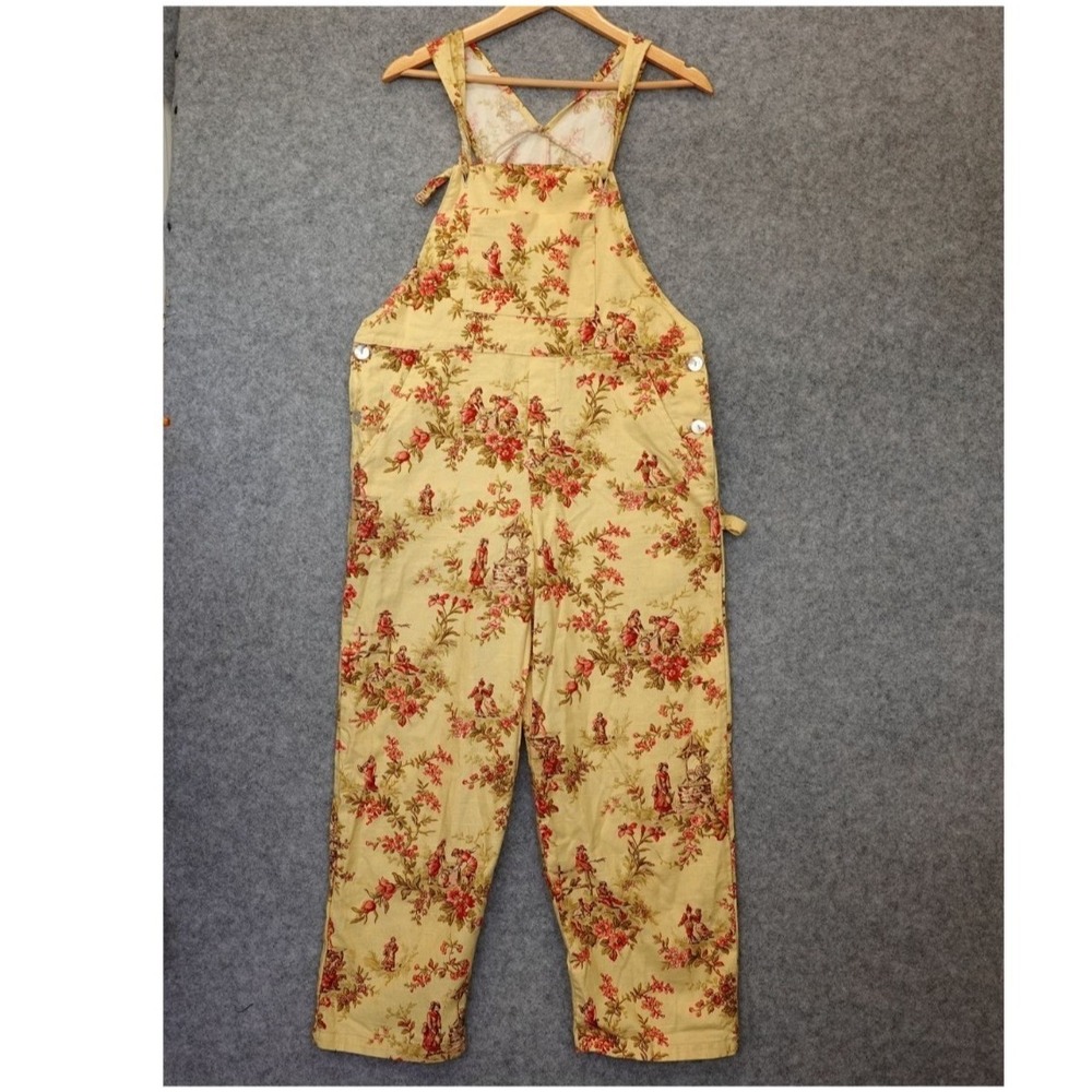 Vintage Floral Bib Overalls Womens S Yellow Butter Toile Cottagecore USA 37x29